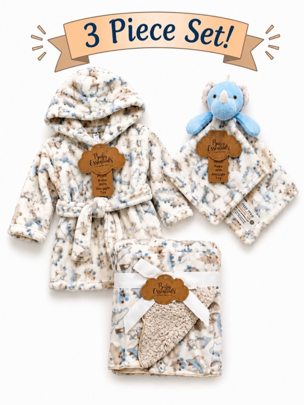NWT Baby Essentials 3 Piece Baby Boy Gift Set Plush Robe, Dinosaur Lovey Blanket